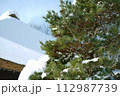 松の木と雪とかやぶき屋根 112987739