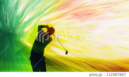 Abstract depiction of a golfer completing a swing with dynamic motion blur background Abstract depiction of a golfer completing a swing with dynamic motion blur background 112987867