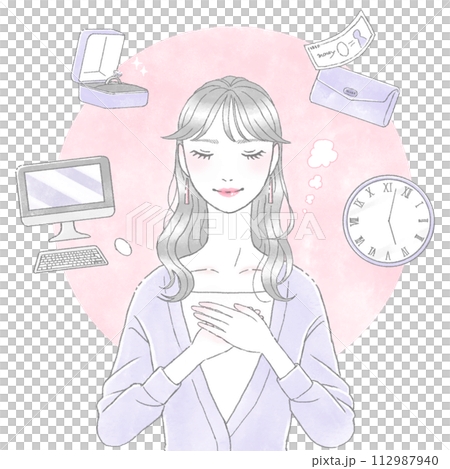 一個女人思考人生計劃，如金錢、工作、婚姻、時間等。 112987940