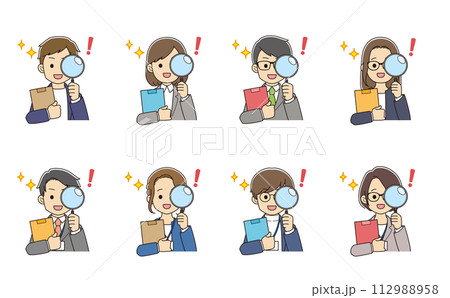 虫眼鏡を持ち問題が解決してはつらつとする、書類を持ったスーツを着た若者たち 112988958