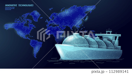 Tanker ship liquified gas transportation symbol. 3D low poly industrial oil refinery technology. Delivery petrol fuel cargo. Ocean LPG tank propane vector illustration 112989141