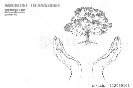 Hands holding plant tree ecological abstract concept. 3D render planting soil seedling leaves. Save planet nature environment grow life. Eco polygon triangles low poly vector illustration 112989161