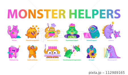 Monster Helpers set. Amicable creatures offer diverse services from pet care to personal growth. Engaging daily tasks assistance. Vector illustration. Monster Helpers set. Amicable creatures offer diverse services from pet care to personal growth. Engaging daily tasks assistance. Vector illustration. 112989165
