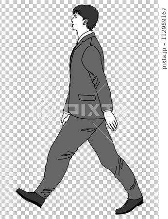 一位身穿西裝的男性上班族微微抬起頭走路的全長側身插圖 112989167