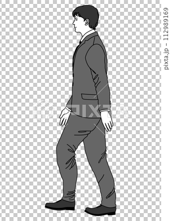 穿著西裝的男人一步走路的全身側身圖 穿著西裝的男人一步走路的全身側身圖 112989169