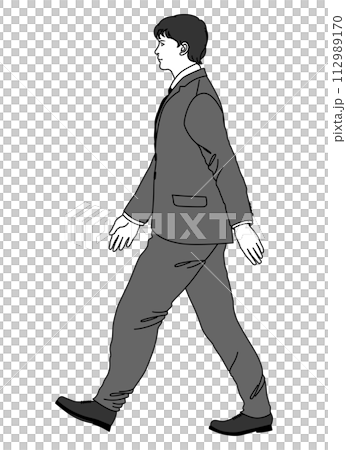 一名男性辦公室職員行走並揮舞雙手的全長側向插圖 一名男性辦公室職員行走並揮舞雙手的全長側向插圖 112989170