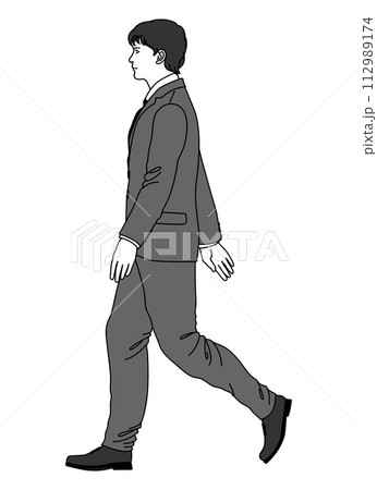 手を振って歩くビジネスマン男性の全身横向きのイラスト 手を振って歩くビジネスマン男性の全身横向きのイラスト 112989174