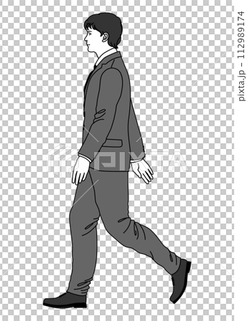 手を振って歩くビジネスマン男性の全身横向きのイラスト 手を振って歩くビジネスマン男性の全身横向きのイラスト 112989174