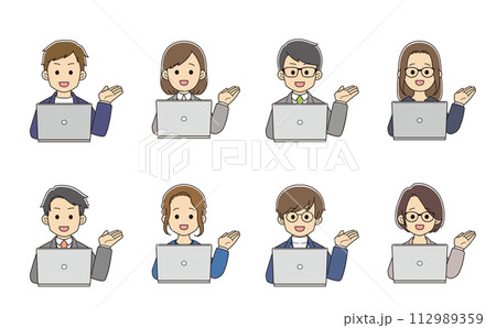 パソコンを前に、案内をするスーツを着た若者たち 112989359