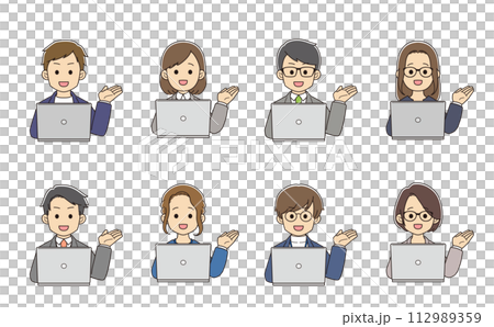 パソコンを前に、案内をするスーツを着た若者たち 112989359