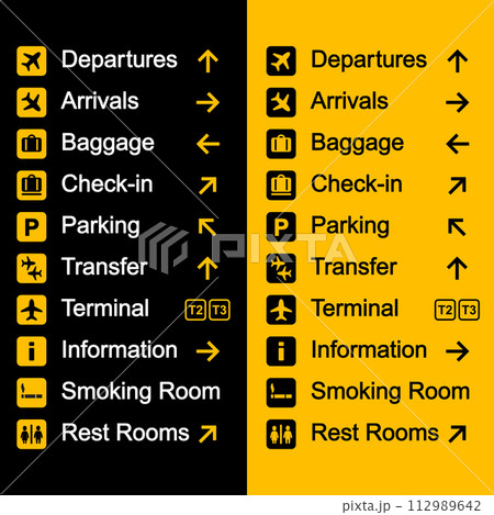 Airport Sign Set. Departure and Arrival Icons. Vector 112989642