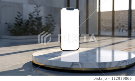 AI-generated content. Mobile phone mockup on desk on bright day. Ai Generation  112989869