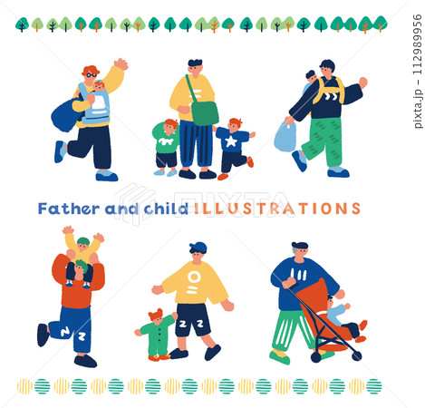 子育てをするお父さんのシンプルでフラットなイラストセット 子育てをするお父さんのシンプルでフラットなイラストセット 112989956