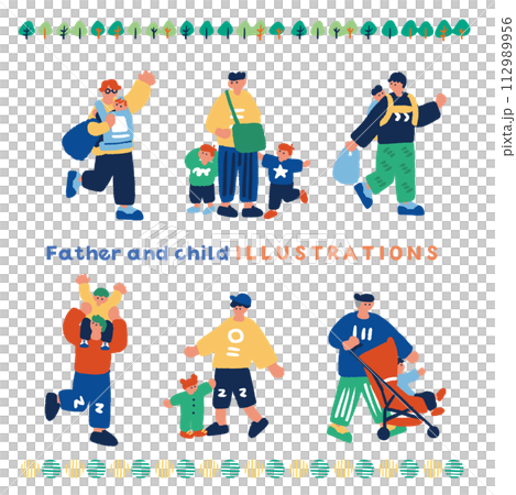 子育てをするお父さんのシンプルでフラットなイラストセット 子育てをするお父さんのシンプルでフラットなイラストセット 112989956