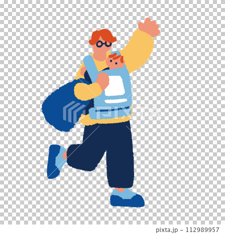 子育てをするお父さんのシンプルでフラットなイラスト 112989957