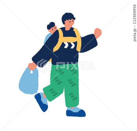 子育てをするお父さんのシンプルでフラットなイラスト 子育てをするお父さんのシンプルでフラットなイラスト 112989958