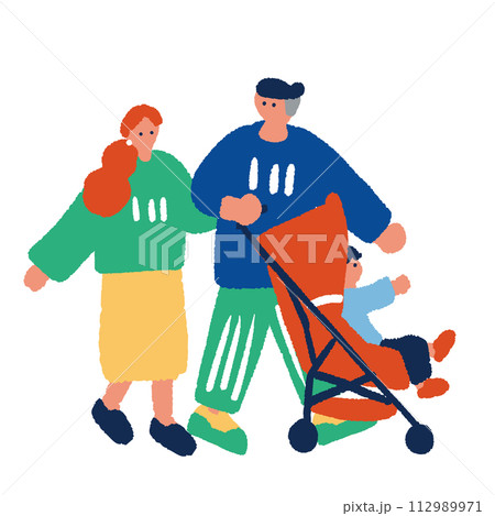 ベビーカーで散歩をするお父さんのシンプルでフラットなイラスト ベビーカーで散歩をするお父さんのシンプルでフラットなイラスト 112989971