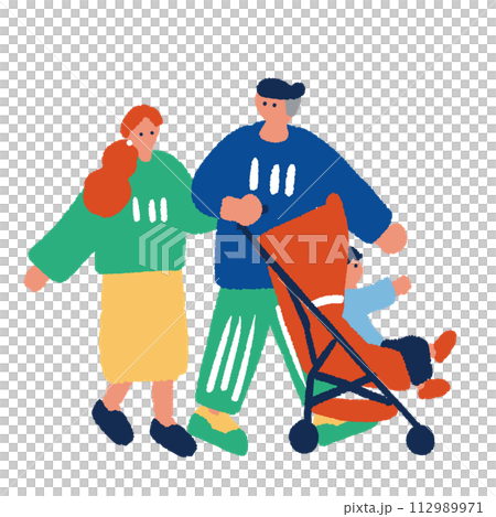 ベビーカーで散歩をするお父さんのシンプルでフラットなイラスト ベビーカーで散歩をするお父さんのシンプルでフラットなイラスト 112989971