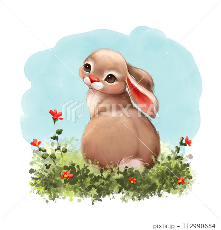 Spring illustration of rabbit sitting on grass with flowers Easter bunny Spring illustration of rabbit sitting on grass with flowers Easter bunny 112990684