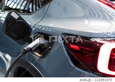 Close up of electric car inlet with a connected charging cable 112991073