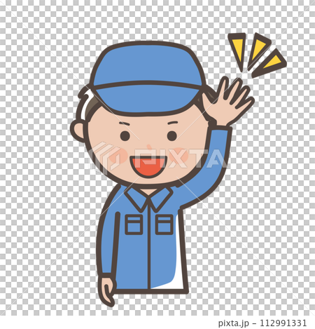 元気に挨拶をする男性作業員、清掃員の上半身イラスト 112991331