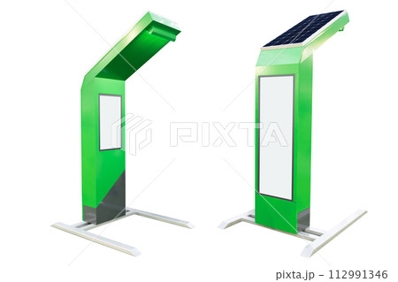 Isolated street screen for advertising - information board powered by solar panel Isolated street screen for advertising - information board powered by solar panel 112991346