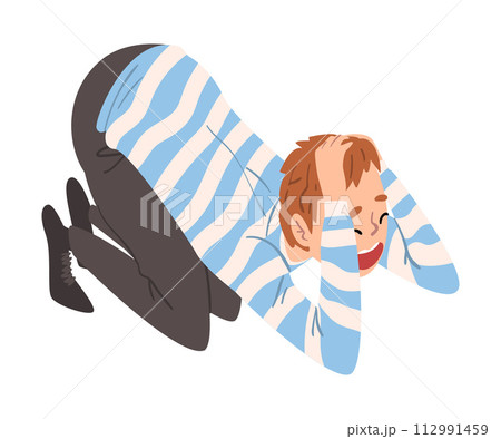 Panicked Man Sitting on the Floor on His Knees Clutching Head with Hands, Anxiety or Panic Attack, Stressed or Depressed Nervous Person Vector Illustration 112991459