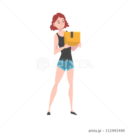 Girl Carrying Cardboard Box, Young Woman Receiving or Dispatching Parcel Cartoon Vector Illustration Girl Carrying Cardboard Box, Young Woman Receiving or Dispatching Parcel Cartoon Vector Illustration 112991490