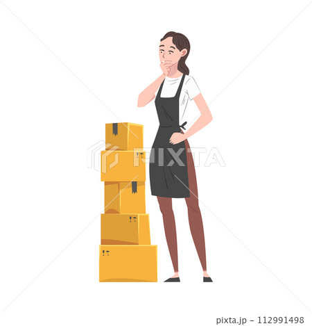 Thoughtful Young Woman Looking at Pile of Cardboard Boxes in Warehouse, Female Worker Preparing Goods For Dispatch Cartoon Vector Illustration 112991498