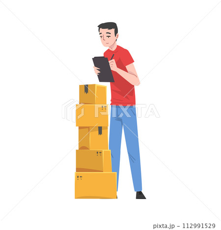 Man Checking Cardboard Boxes Preparing Goods For Dispatch, Guy Working with Parcels in Warehouse Cartoon Vector Illustration Man Checking Cardboard Boxes Preparing Goods For Dispatch, Guy Working with Parcels in Warehouse Cartoon Vector Illustration 112991529