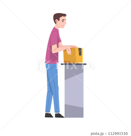 Man Standing at Table Checking Cardboard Box Preparing Goods For Dispatch, Guy Working with Parcels in Warehouse Cartoon Vector Illustration Man Standing at Table Checking Cardboard Box Preparing Goods For Dispatch, Guy Working with Parcels in Warehouse Cartoon Vector Illustration 112991530