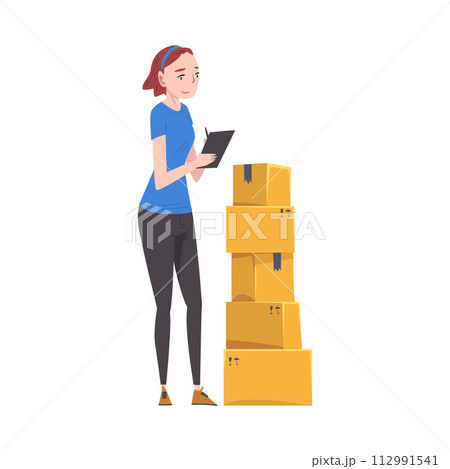 Young Woman Checking Cardboard Boxes Preparing Goods For Dispatch, Girl Working with Parcels in Warehouse Cartoon Vector Illustration 112991541