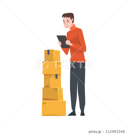 Man Checking Cardboard Boxes in Warehouse, Male Worker Preparing Goods For Dispatch Cartoon Vector Illustration 112991548