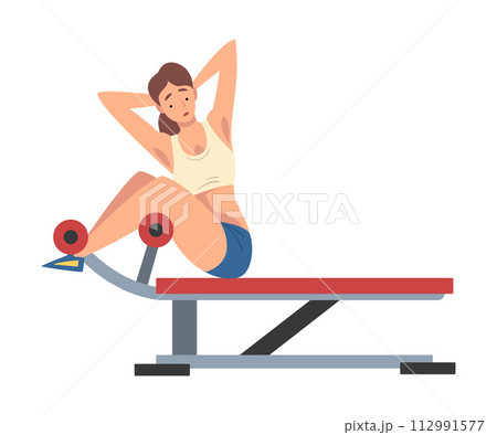 Woman Training on Abdominal Crunch Bench Vector Illustration 112991577