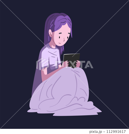Girl Sitting under the Blanket with Tablet PC at Night, Person Using Digital Gadget for Playing Online Video Game or Chatting on Social Networks Vector Illustration Girl Sitting under the Blanket with Tablet PC at Night, Person Using Digital Gadget for Playing Online Video Game or Chatting on Social Networks Vector Illustration 112991617
