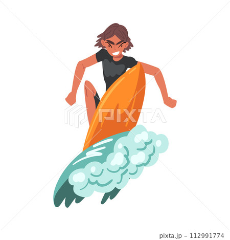 Male Surfer Riding on Ocean Wave, Extreme Hobby or Water Sport, Tourism and Recreational Activity Cartoon Style Vector Illustration 112991774