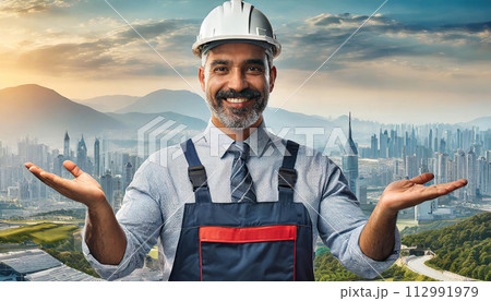 Portrait on mature happy handyman presenting something Portrait on mature happy handyman presenting something 112991979
