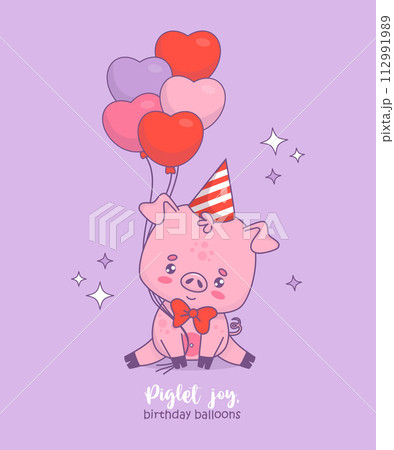 Cute happy pig in birthday cap with balloons. Vector illustration. Festive birthday card with funny cartoon animal character. Kids collection. Cute happy pig in birthday cap with balloons. Vector illustration. Festive birthday card with funny cartoon animal character. Kids collection. 112991989