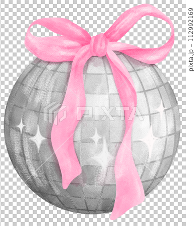 Coquette Disco ball with pink ribbon bow watercolor Coquette Disco ball with pink ribbon bow watercolor 112992169