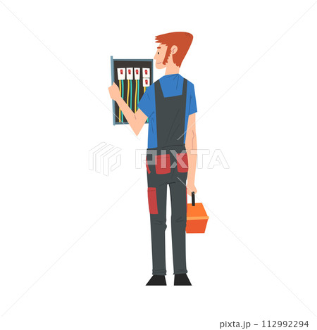 Male Electrician Engineer Operating Switchboard Control Panel, Electricity Maintenance Service Worker Character Cartoon Style Vector Illustration 112992294