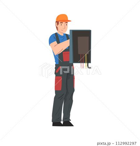 Male Electrician Engineer Repairing Control Panel, Electricity Maintenance Service Worker Character in Uniform and Cap Cartoon Style Vector Illustration 112992297