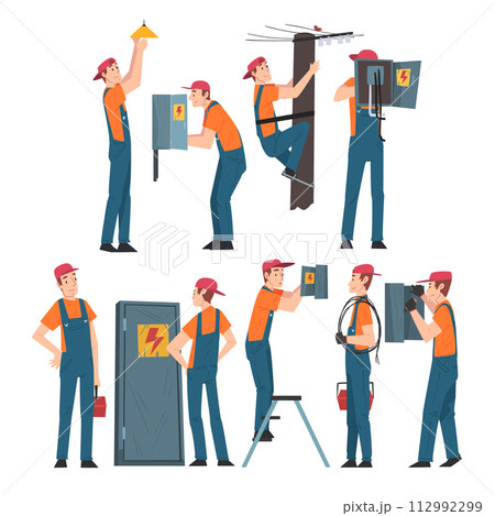 Electrical Engineers Repairing and Operating Electrical Equipment, Electricity Maintenance Professional Service Workers Characters in Uniform Cartoon Style Vector Illustration Electrical Engineers Repairing and Operating Electrical Equipment, Electricity Maintenance Professional Service Workers Characters in Uniform Cartoon Style Vector Illustration 112992299