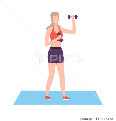 Young Woman Exercising with Dumbbells, Girl Doing Sports in Fitness Club, Gym or Home, Active Healthy Lifestyle Flat Style Vector Illustration 112992328