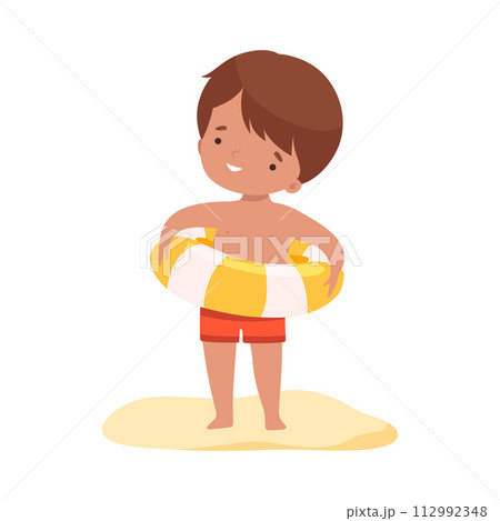 Cute Boy Standing with Inflatable Lifebuoy, Kids Summer Activities, Adorable Child Having Fun on Beach on Holidays Cartoon Vector Illustration 112992348