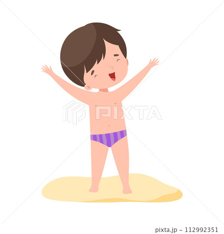 Cute Boy Standing on the Beach, Kids Summer Activities, Adorable Child Having Fun on Holidays Cartoon Vector Illustration 112992351
