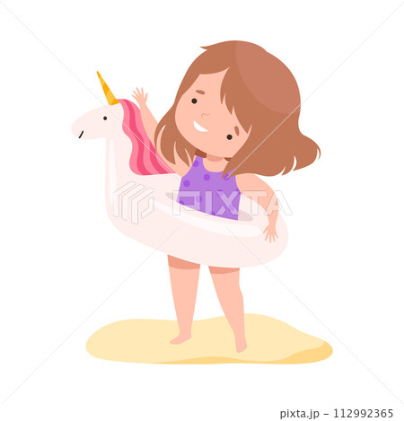 Cute Girl with Inflatable Unicorn Swim Ring, Kids Summer Activities, Adorable Child Having Fun on Beach on Holidays Cartoon Vector Illustration Cute Girl with Inflatable Unicorn Swim Ring, Kids Summer Activities, Adorable Child Having Fun on Beach on Holidays Cartoon Vector Illustration 112992365