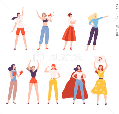 Strong Girls Set, Women Empowerment Movement, Gender Equality, Feminism, Freedom, Protest, Female Power and Rights Concept Flat Style Vector Illustration 112992373
