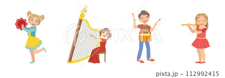 Kid Playing Musical Instrument Enjoy Melody Vector Set 112992415