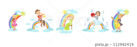 Kid Playing Musical Instrument on Rainbow Vector Set Kid Playing Musical Instrument on Rainbow Vector Set 112992419