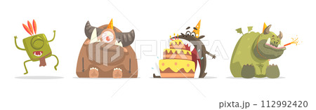 Toy Monster With Birthday Party Object Vector Set 112992420